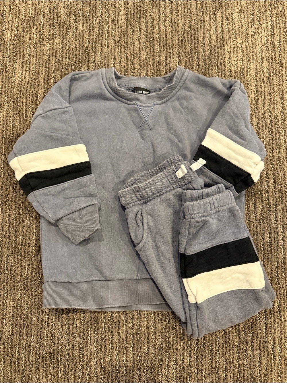 Little Bipsy Dusty Blue Sweatshirt & Joggers with Black and White Stripes.